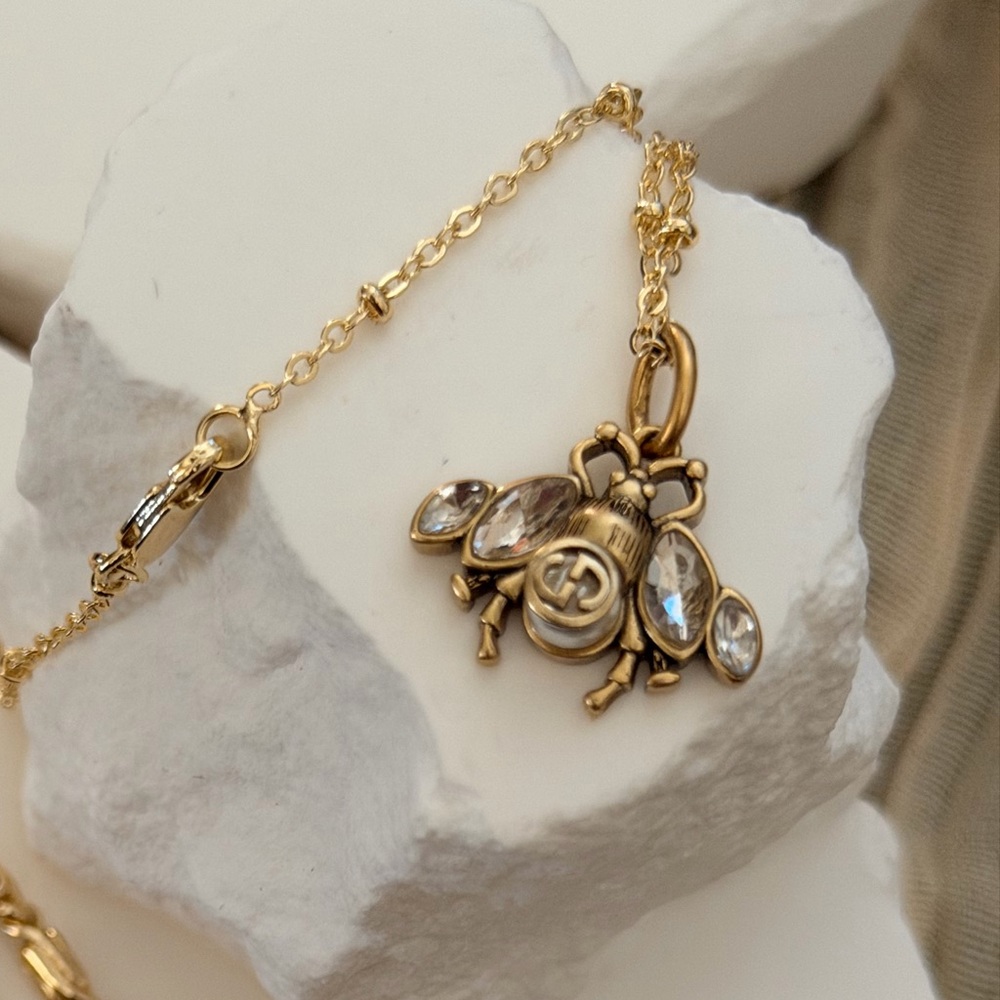 G Gold Bee Pendant Necklace with Crystal Accents